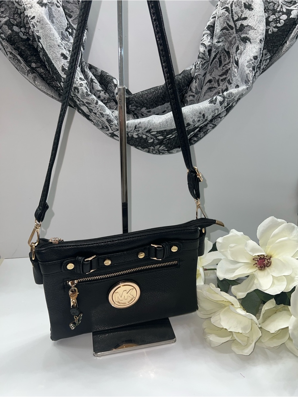 Michael Kors Black Pebbled Leather Crossbody with Gold Accent